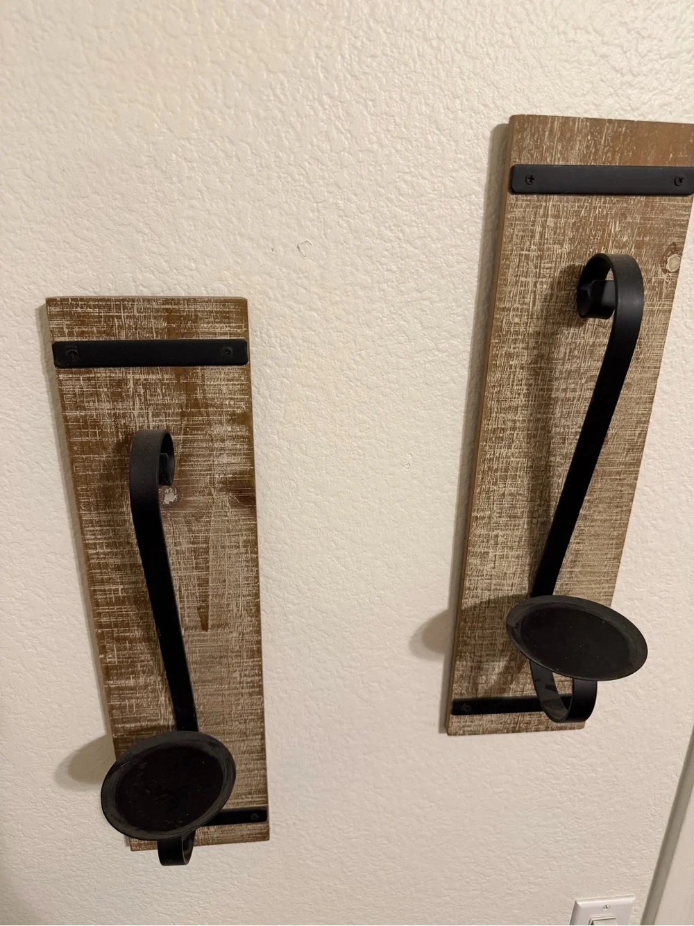 Rustic Brown Wood Wall Candle Sconces with Black Metal Holders - Set of 2